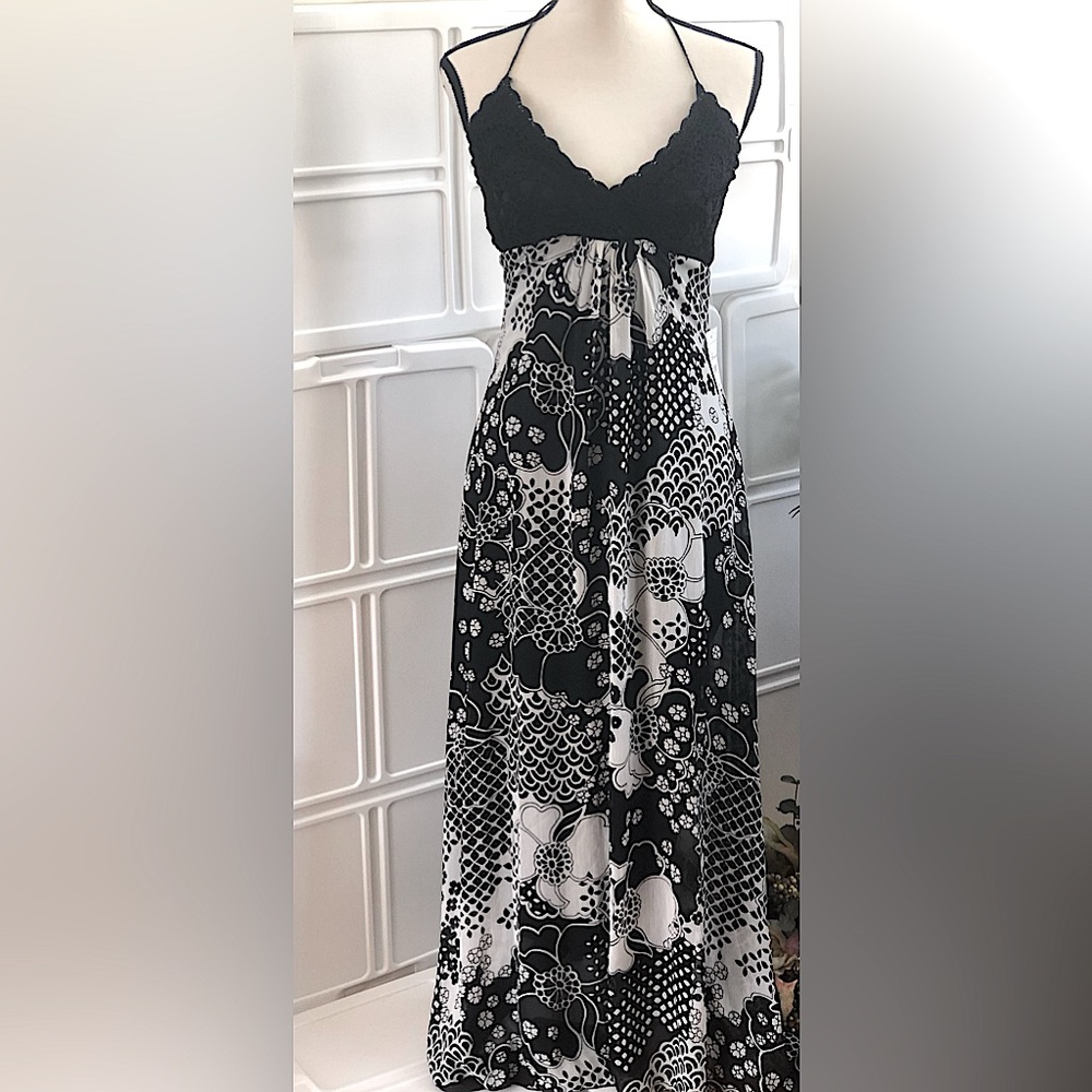 Bisou Bisou by Michele Bohbot- Women's- Black/ Cream-Maxi -Crochet Halter Dress